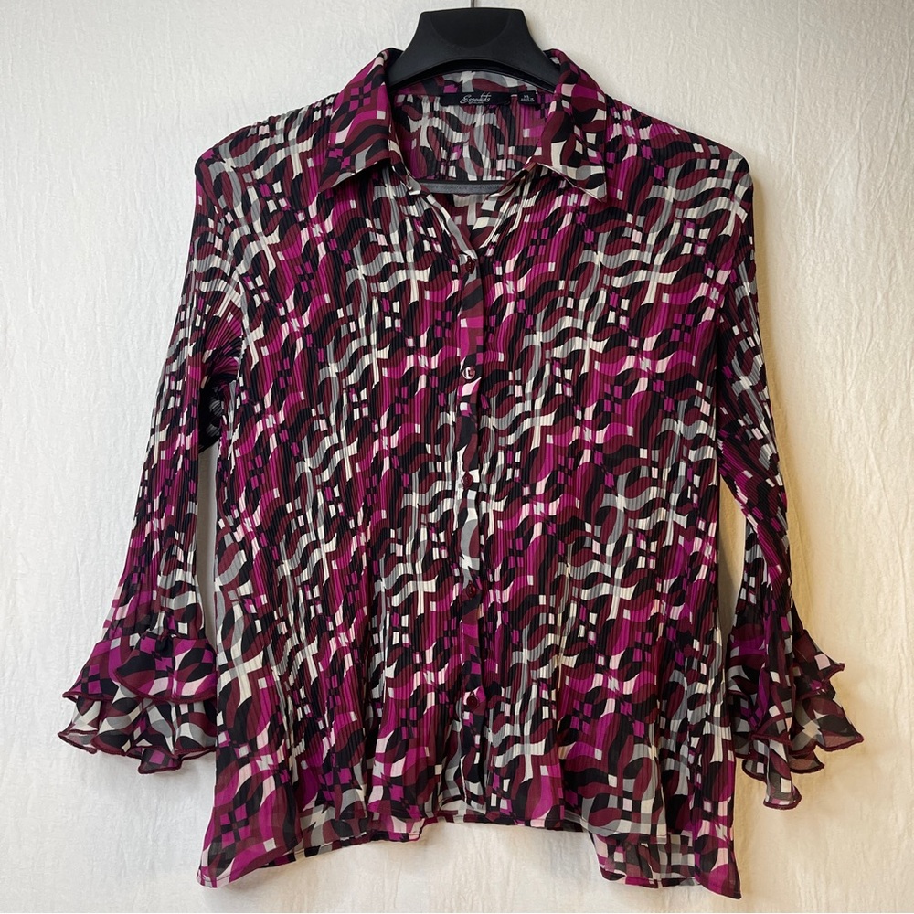 Essentials by Milano Geometric Plissé Pleated Blouse Magenta Purple Women's XL